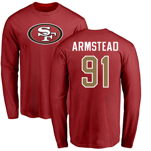 Men San Francisco 49ers Red Arik Armstead Name and Number Logo #91 Long Sleeve NFL T Shirt->nfl t-shirts->Sports Accessory